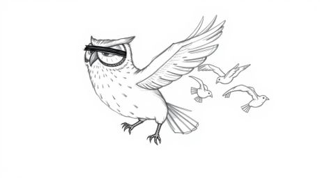 A heartwarming hand-drawn sketch in a Pixar style showcases a blind owl with endearing facial expressions, guiding a flock of