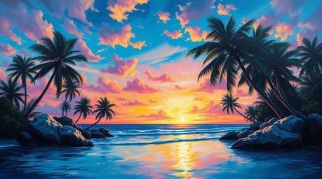 Experience the breathtaking beauty of a classic oil painting depicting a tropical beach sunset.  The vibrant glow of biolumin