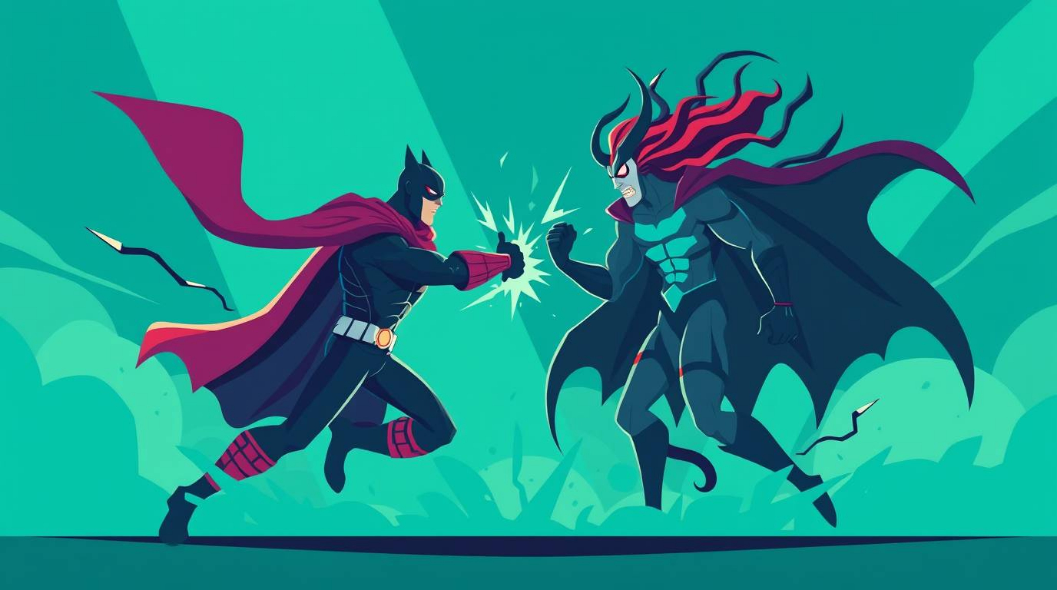A vibrant teal scene depicts a modern, flat design superhero clashing with a silly villain.  The artwork features luxurious, 