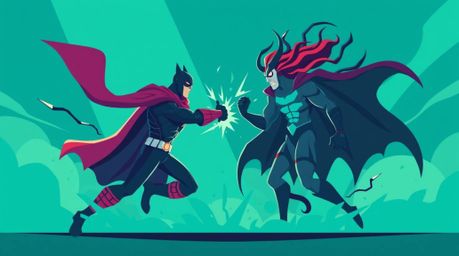 A vibrant teal scene depicts a modern, flat design superhero clashing with a silly villain.  The artwork features luxurious, 