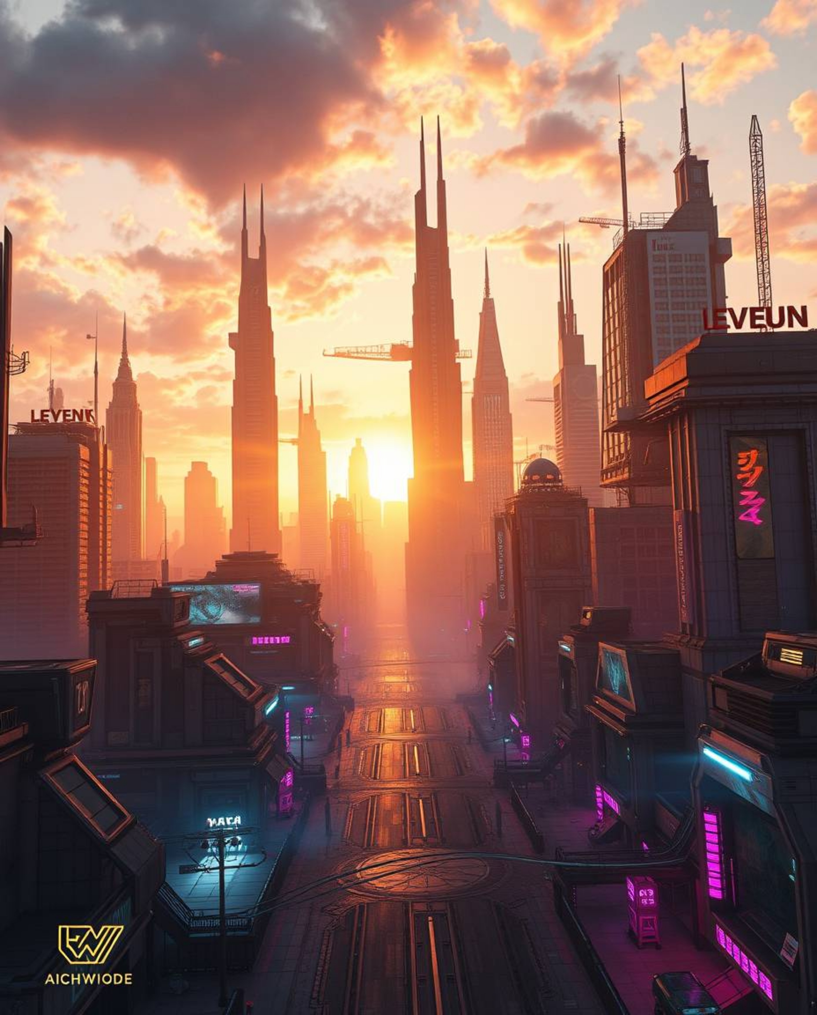 A breathtaking photorealistic depiction of a grand, futuristic cyberpunk cityscape bathed in the warm glow of golden hour.  V