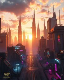 A breathtaking photorealistic depiction of a grand, futuristic cyberpunk cityscape bathed in the warm glow of golden hour.  V