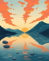 A charming and cute illustration of a glassy fjord reflecting a sunset. This delightful artwork is filled with the warm color