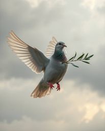 A digital artwork depicting a dove carrying an olive branch amidst stormy skies.  The image features refined details, gentle 