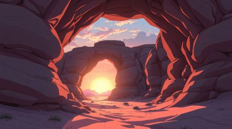 Experience a captivating isekai anime-style sunset through a natural rock arch in the desert, rendered in soft pastel colors.