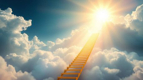 Immerse yourself in a professional fine art photograph depicting a golden staircase gracefully ascending through soft clouds 