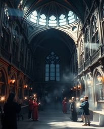 A stunning wide-angle architectural photograph of a magical school bustling with young wizards. The image captures an etherea