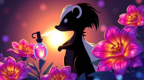 A whimsical cartoon skunk, silhouetted against a bright, iridescent light, playfully sprays perfume onto vibrant flowers. The