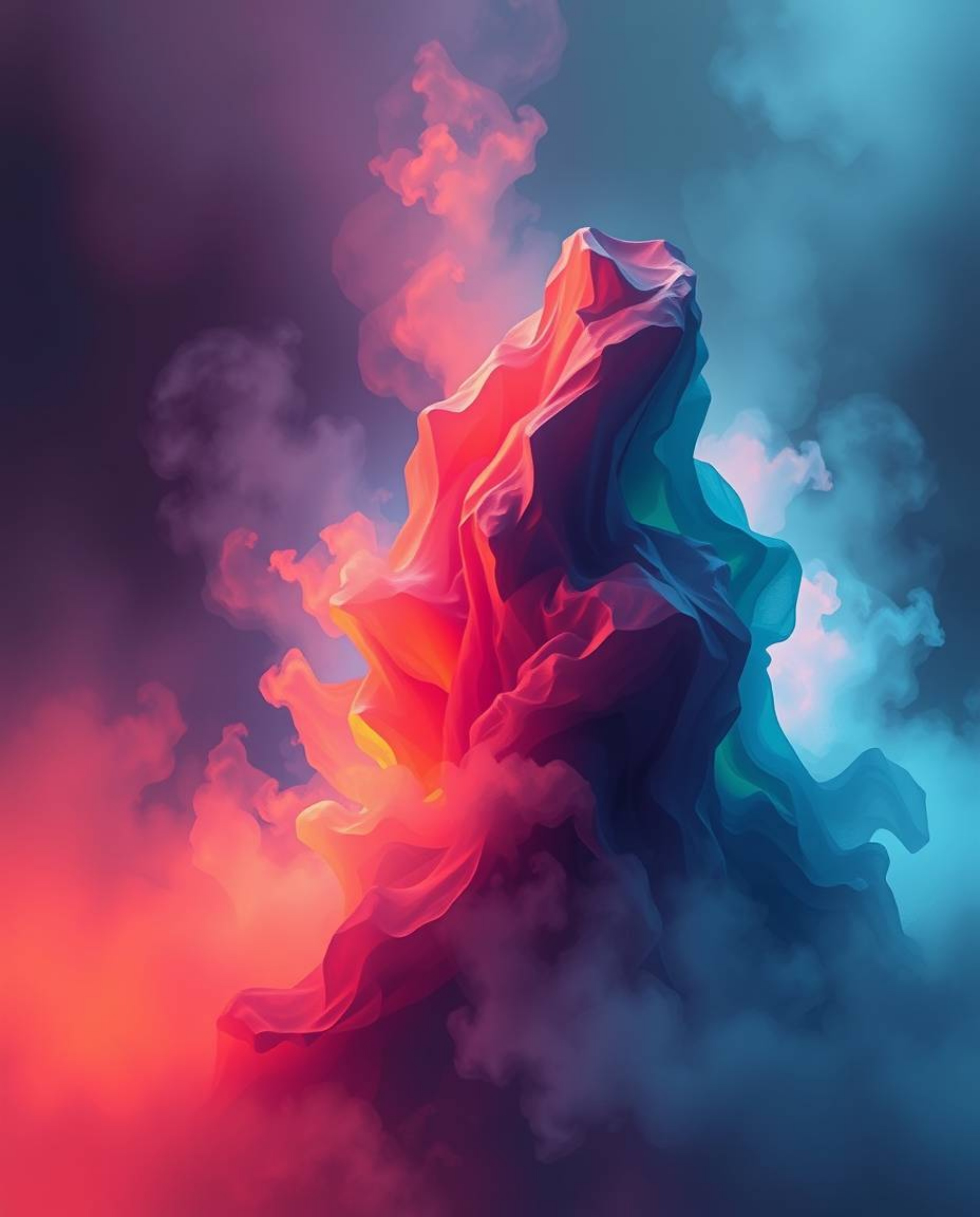 Explore a mesmerizing 3D illustration showcasing epic colors and a misty atmospheric vibe.  Fluid shapes seamlessly morph int