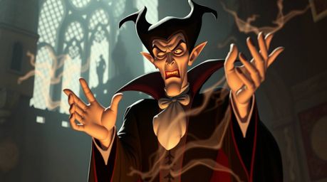This high-resolution stock photo depicts a classic Disney villain with sharp features and pale skin, casting a spell within t