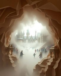 Discover a captivating scene of a magical school shrouded in thick fog, where young wizards train amidst sculpted, textured l