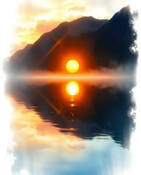 A digital painting depicting a glassy fjord reflecting a sunset, creating an ethereal and spiritual vibe. The scene is softly