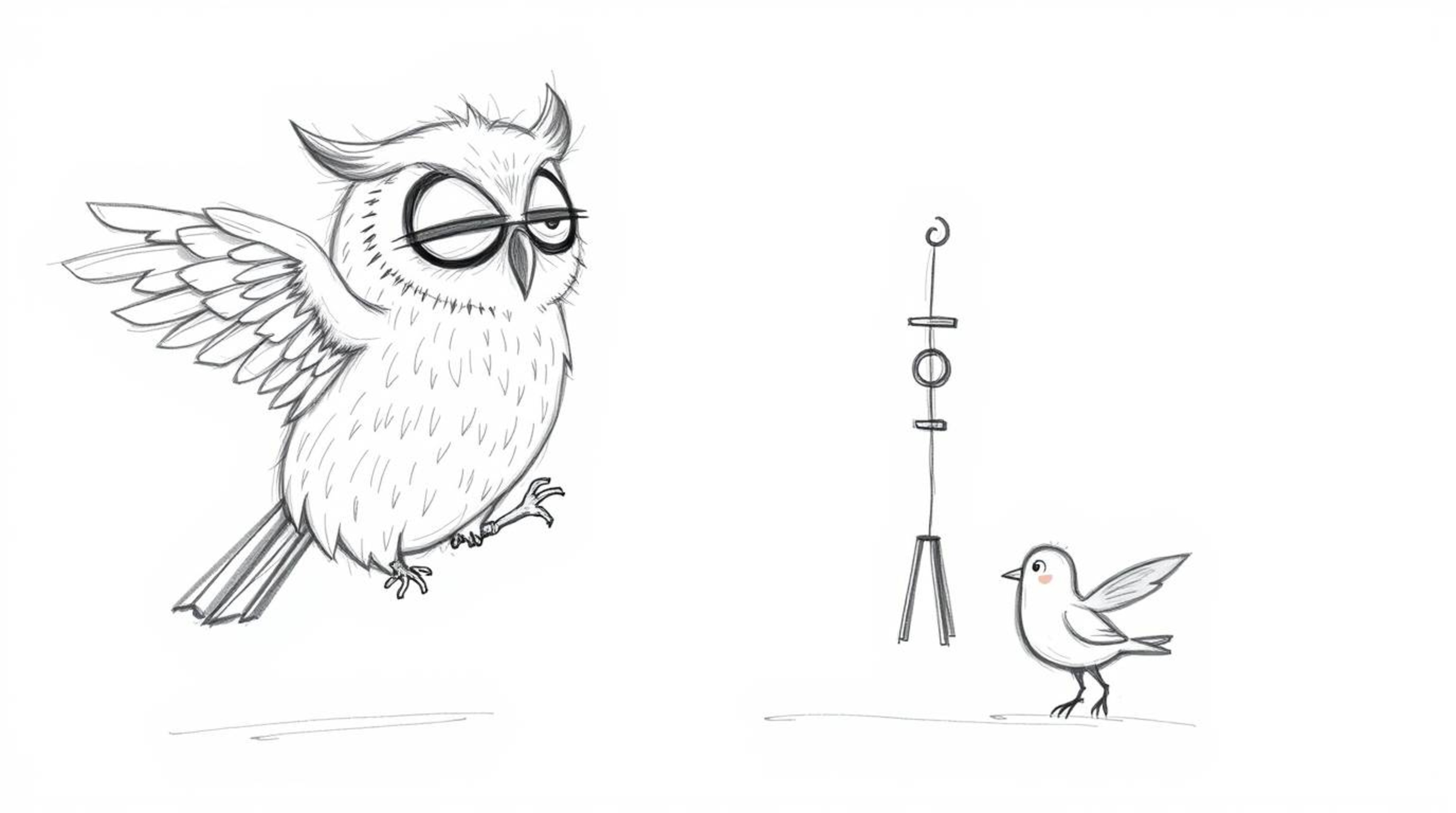 A heartwarming, hand-drawn sketch in the style of Pixar depicts a blind owl with soft, feathery texture ingeniously teaching 