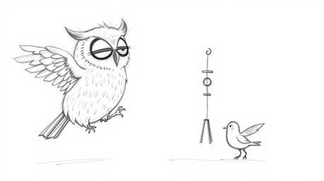 A heartwarming, hand-drawn sketch in the style of Pixar depicts a blind owl with soft, feathery texture ingeniously teaching 