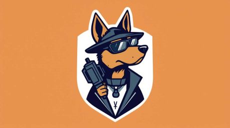 This logo design features an inspired dog detective character equipped with high-tech gadgets. The design utilizes geometric 