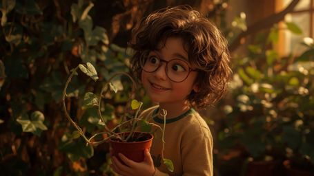 In a vibrant, warm-lit cinematic photograph reminiscent of Pixar's whimsical style, a bright-eyed homeschooled genius with cu