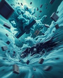 Experience a dynamic surreal storm featuring flying objects and broken gravity, rendered in a captivating palette of cool col