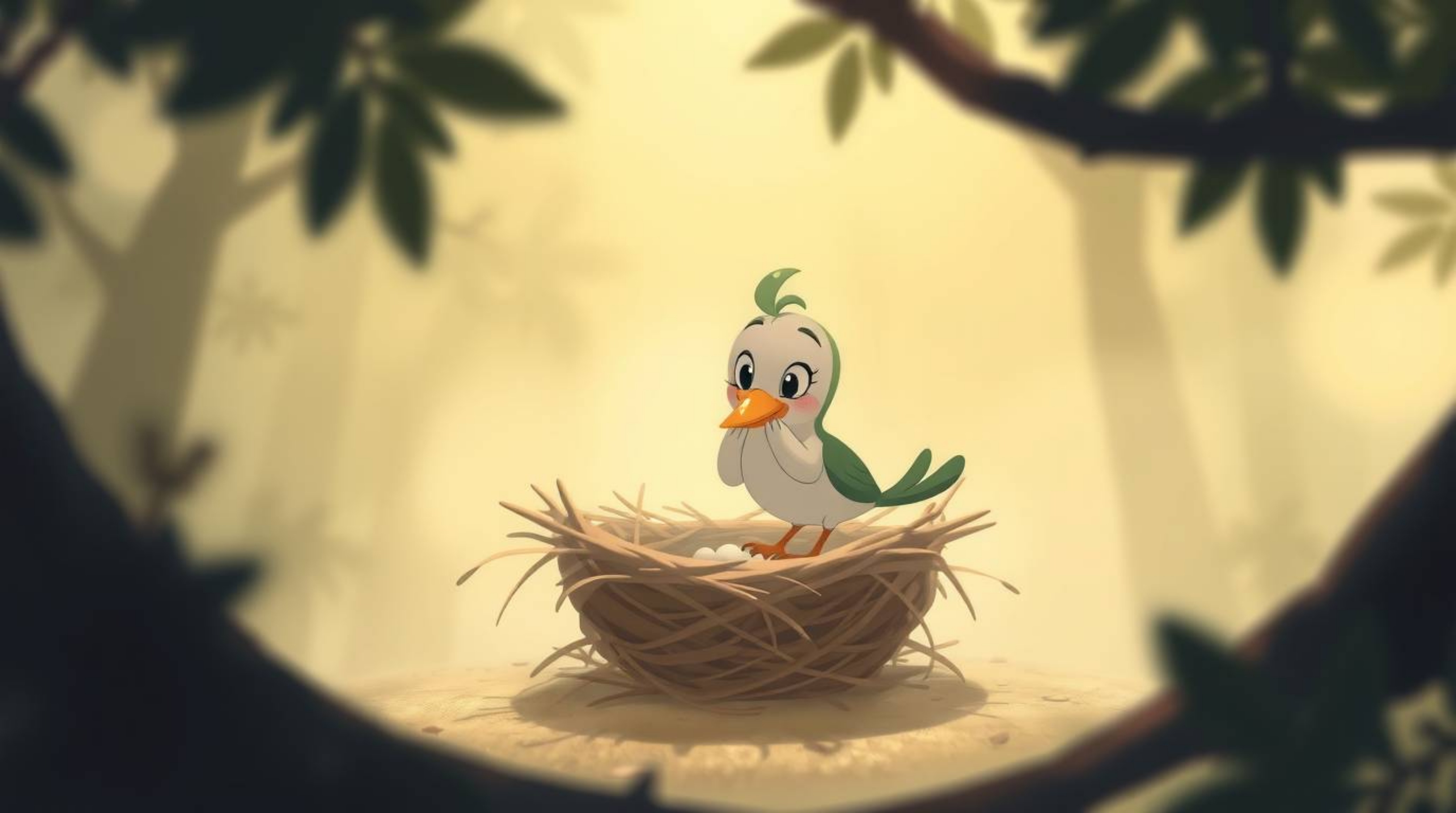 Experience a soft and dreamy atmosphere with two cartoon birds diligently building their nest in a classic animation style. T