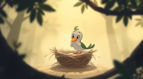 Experience a soft and dreamy atmosphere with two cartoon birds diligently building their nest in a classic animation style. T