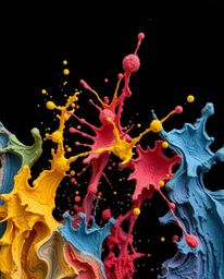 This captivating freeze-frame photograph showcases dynamic and colorful splashes against a stark black background. The image 