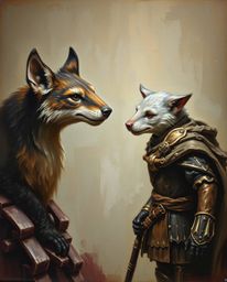 A captivating classic oil painting showcases a talking animal sidekick assisting a hero on their epic adventure.  Rich textur