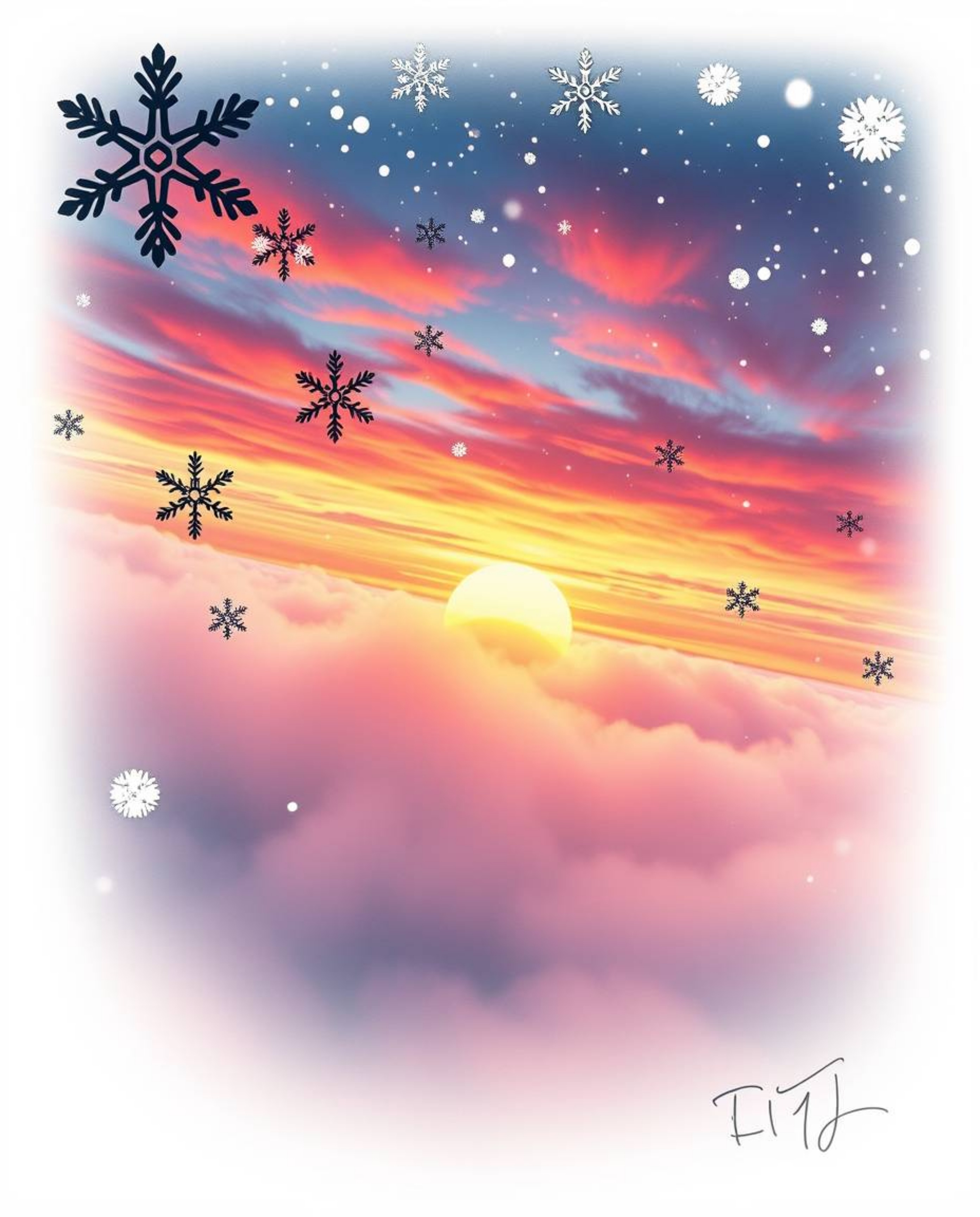 This is a high-angle symbolic tattoo art print depicting snowflakes falling during a vibrant sunset. The scene is shrouded in