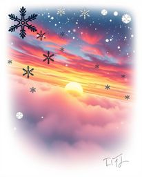 This is a high-angle symbolic tattoo art print depicting snowflakes falling during a vibrant sunset. The scene is shrouded in