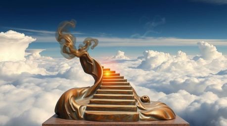 This cast bronze sculpture, finished with an antique patina, captures a winding stairway formed from smoke and light, driftin
