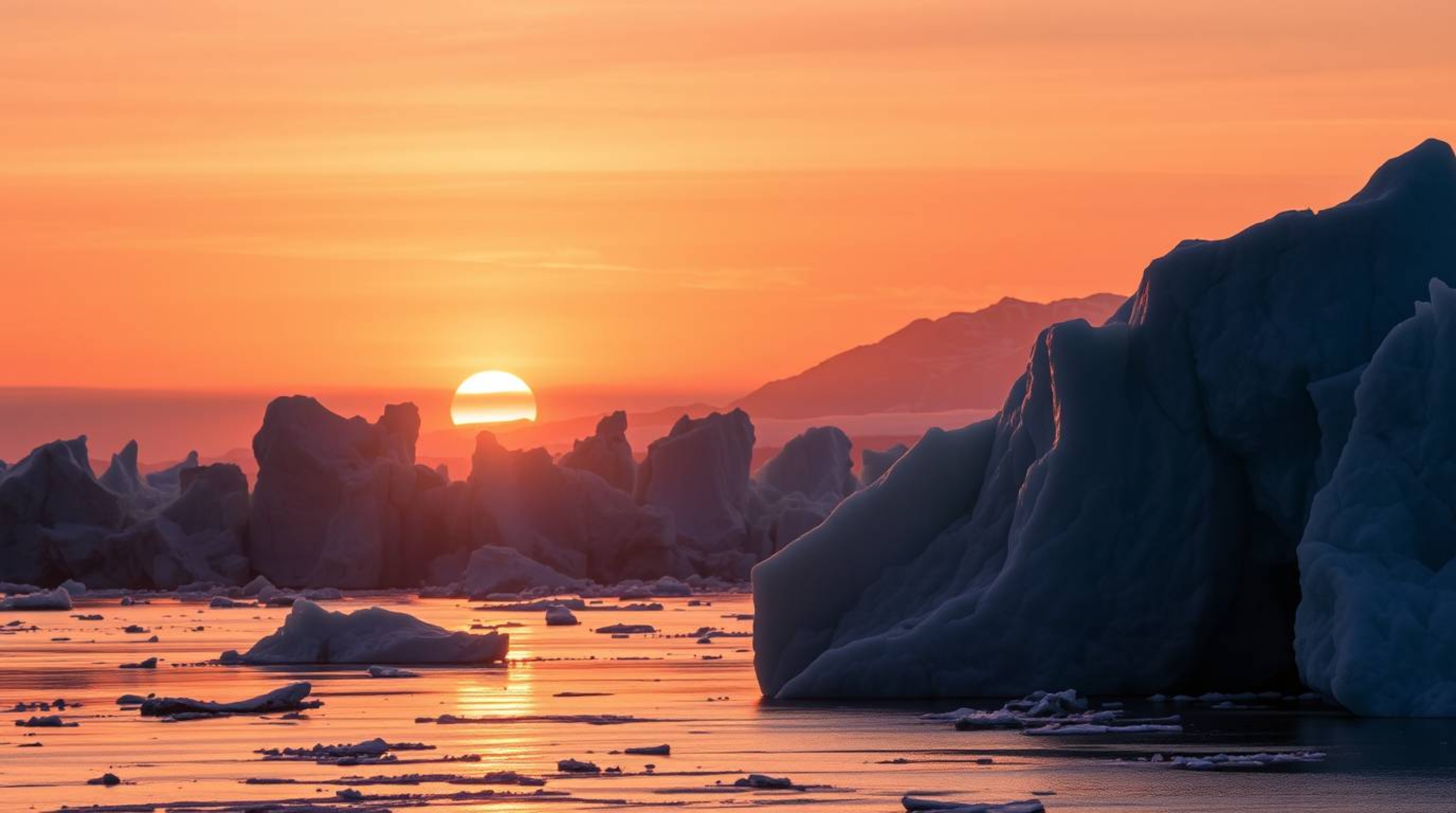 A captivating image showcases a warm-toned sunset casting a vibrant glow over majestic icy glaciers in the polar region. The 