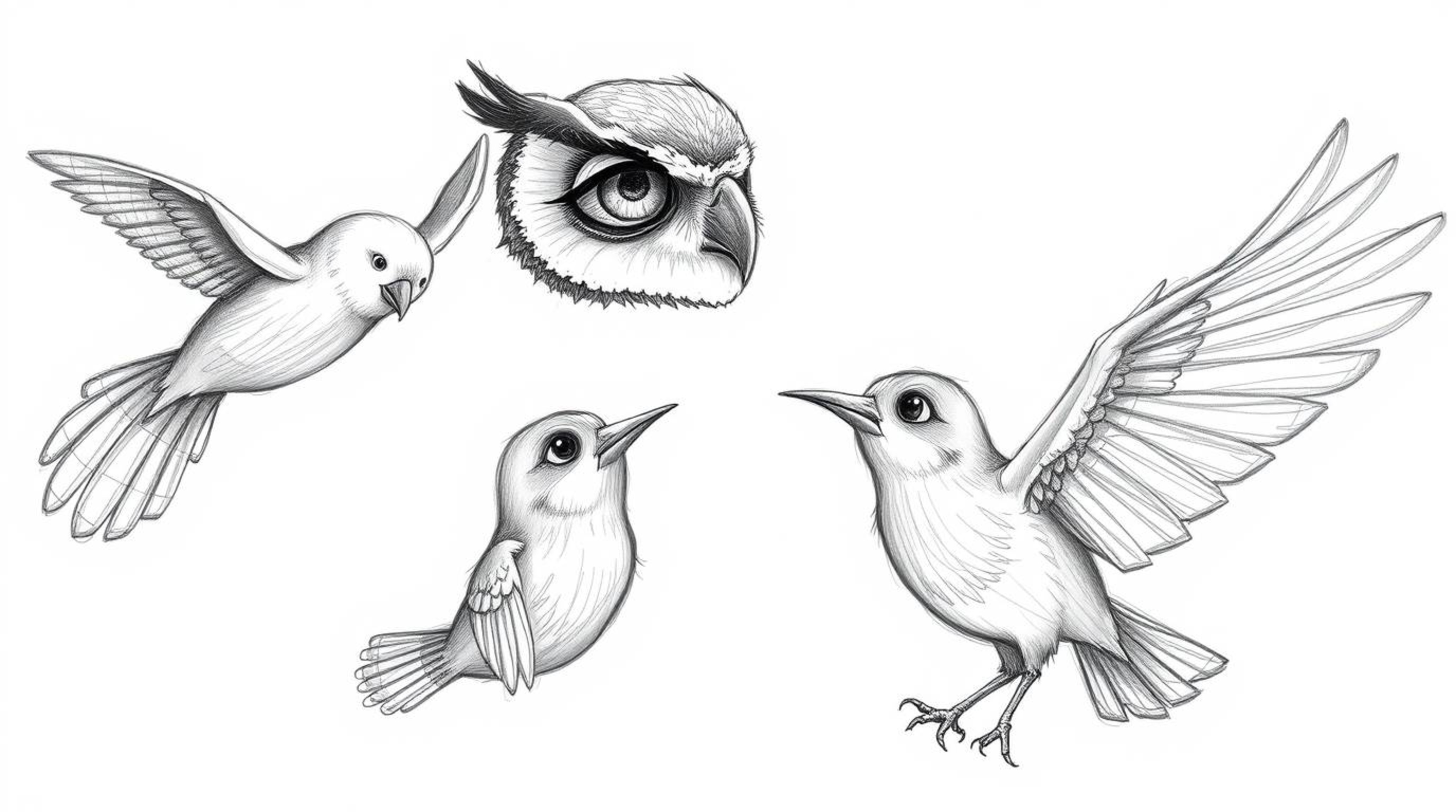 A heartwarming Pixar-inspired sketch depicts a blind owl teaching birds to fly. The birds, in turn, sketch their own dream wi