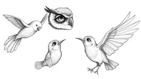 A heartwarming Pixar-inspired sketch depicts a blind owl teaching birds to fly. The birds, in turn, sketch their own dream wi