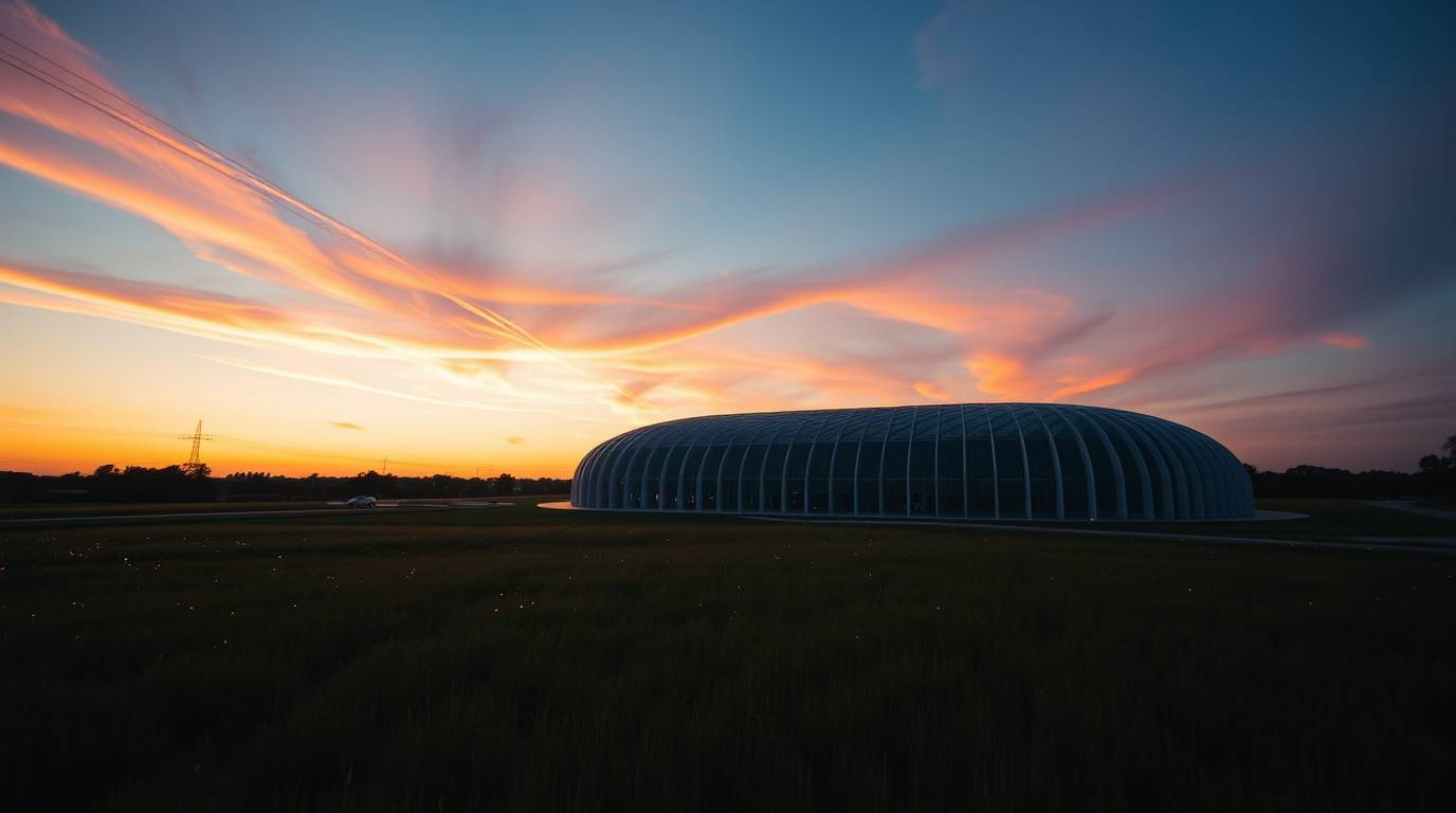 Experience the tranquility of a sunset over a quiet meadow, beautifully captured with high-angle architectural photography. W