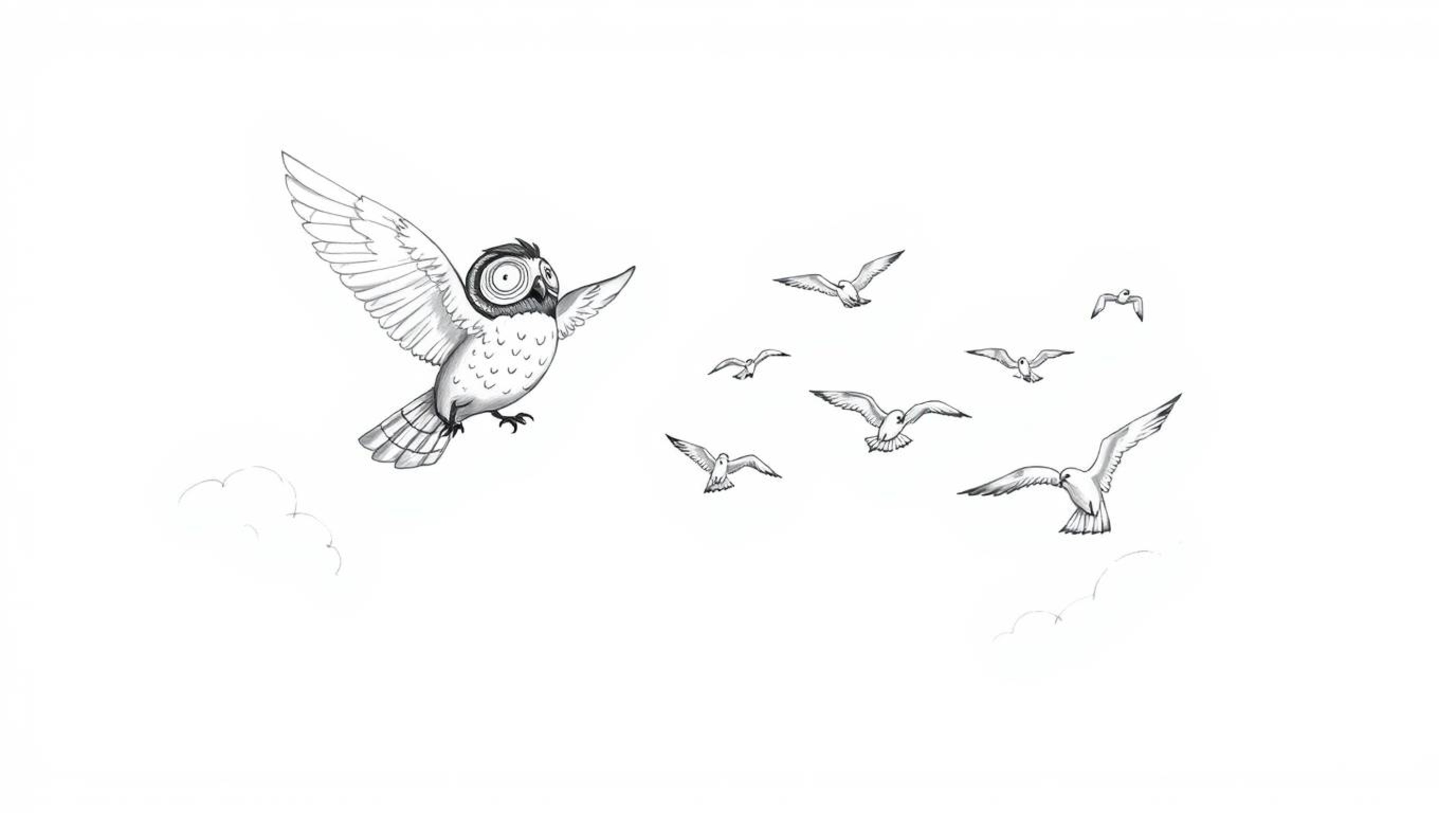 A charming hand-drawn sketch depicts a blind owl, rendered in a Pixar-inspired style with rough pencil strokes, leading a flo
