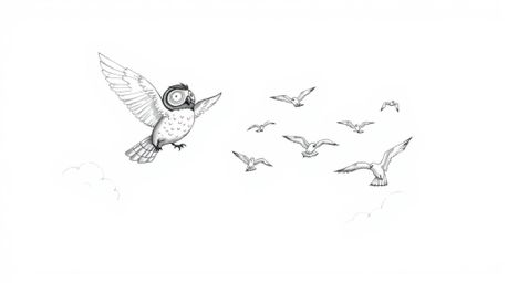 A charming hand-drawn sketch depicts a blind owl, rendered in a Pixar-inspired style with rough pencil strokes, leading a flo