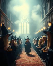 Step into a magical school brimming with young wizards, depicted through a soft cinematic haze, shallow depth of field, and b
