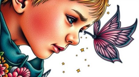 A vibrant, retro-style tattoo design featuring an extreme macro close-up of a young boy with fair skin flying above London wi