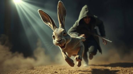 Witness a comical yet unsettling chase as a wacky rabbit with oversized eyes and buck teeth frantically outruns a shadowy hun