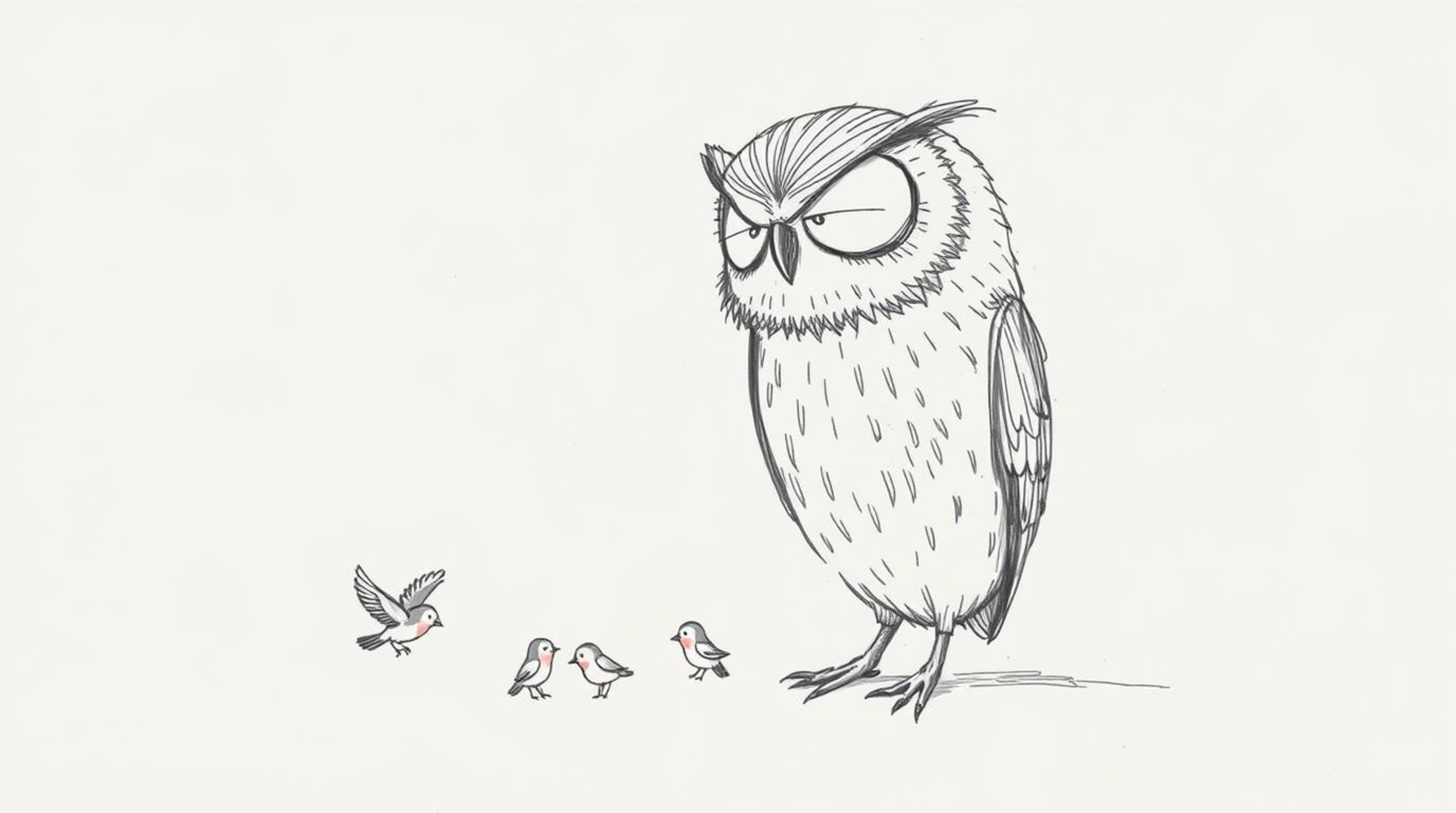 A hand-drawn sketch in Pixar style depicts a serene, blind owl rendered with detailed, textured pencil strokes. The owl calml