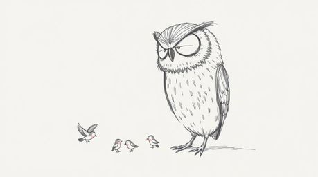 A hand-drawn sketch in Pixar style depicts a serene, blind owl rendered with detailed, textured pencil strokes. The owl calml