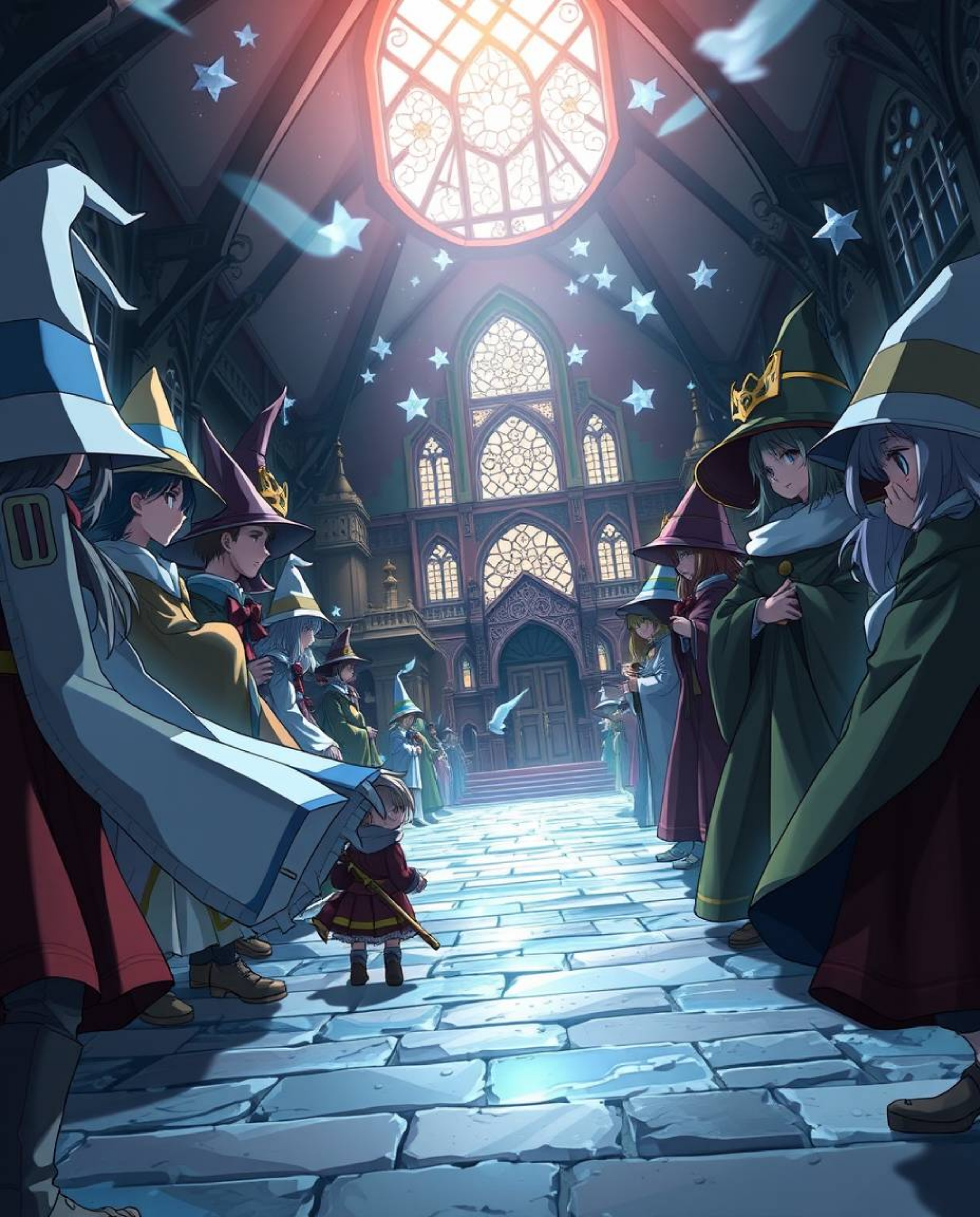 Immerse yourself in a captivating isekai anime depicting a magical school brimming with young wizards.  This expressive compo