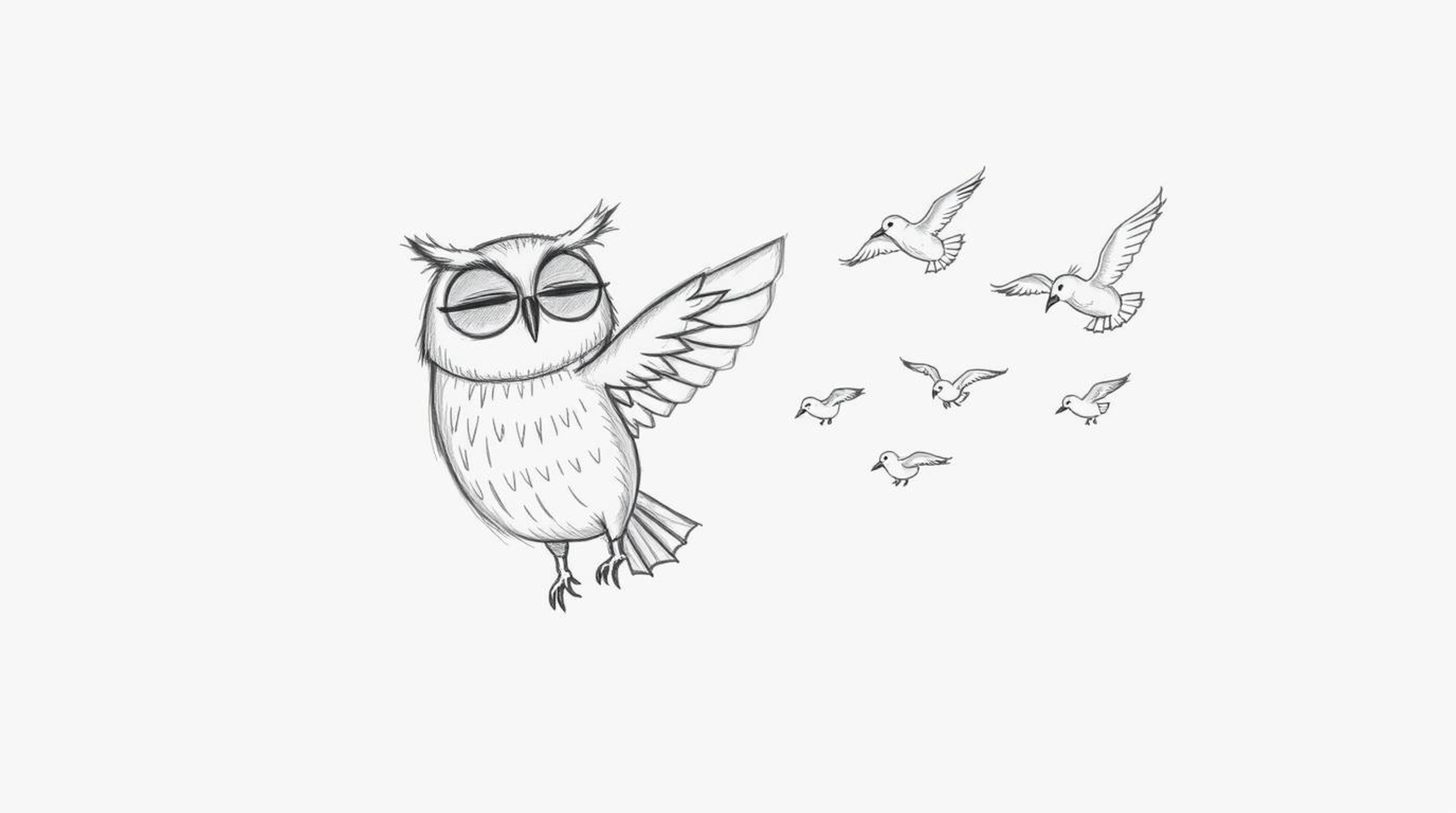 A whimsical hand-drawn sketch in the style of Pixar depicts a blind owl, rendered with soft textured pencil strokes, patientl