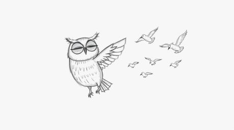 A whimsical hand-drawn sketch in the style of Pixar depicts a blind owl, rendered with soft textured pencil strokes, patientl