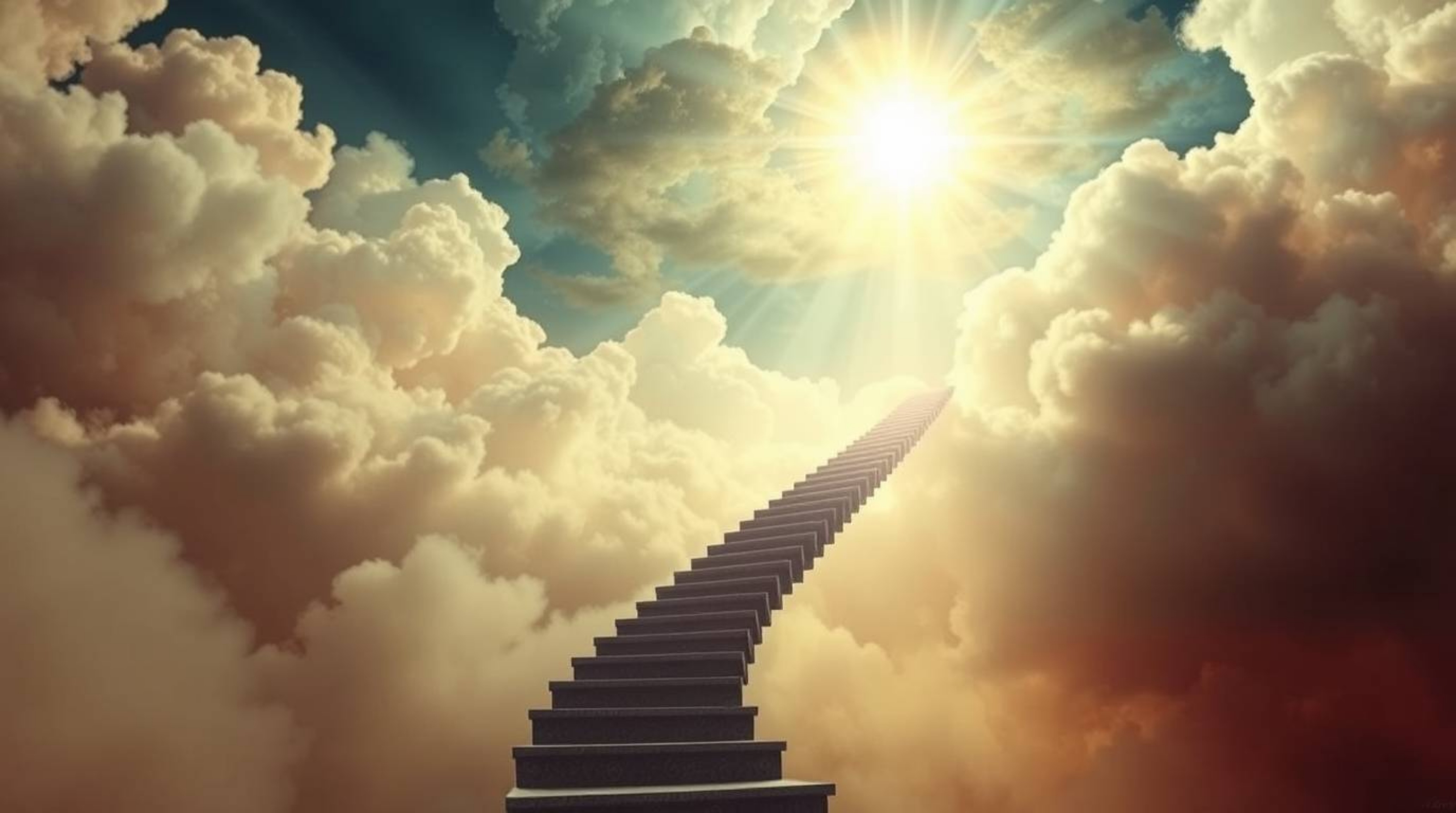 A captivating surreal image depicts a stairway floating in mid-air, ascending through ethereal smoky clouds towards a radiant