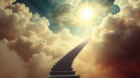 A captivating surreal image depicts a stairway floating in mid-air, ascending through ethereal smoky clouds towards a radiant