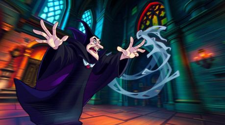 A captivating motion illustration depicting a classic Disney villain casting a spell within an ancient castle. The scene is