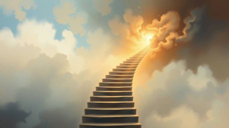 This classic oil painting depicts a winding stairway of smoke and light gracefully ascending into a vast, cloudy sky, powerfu