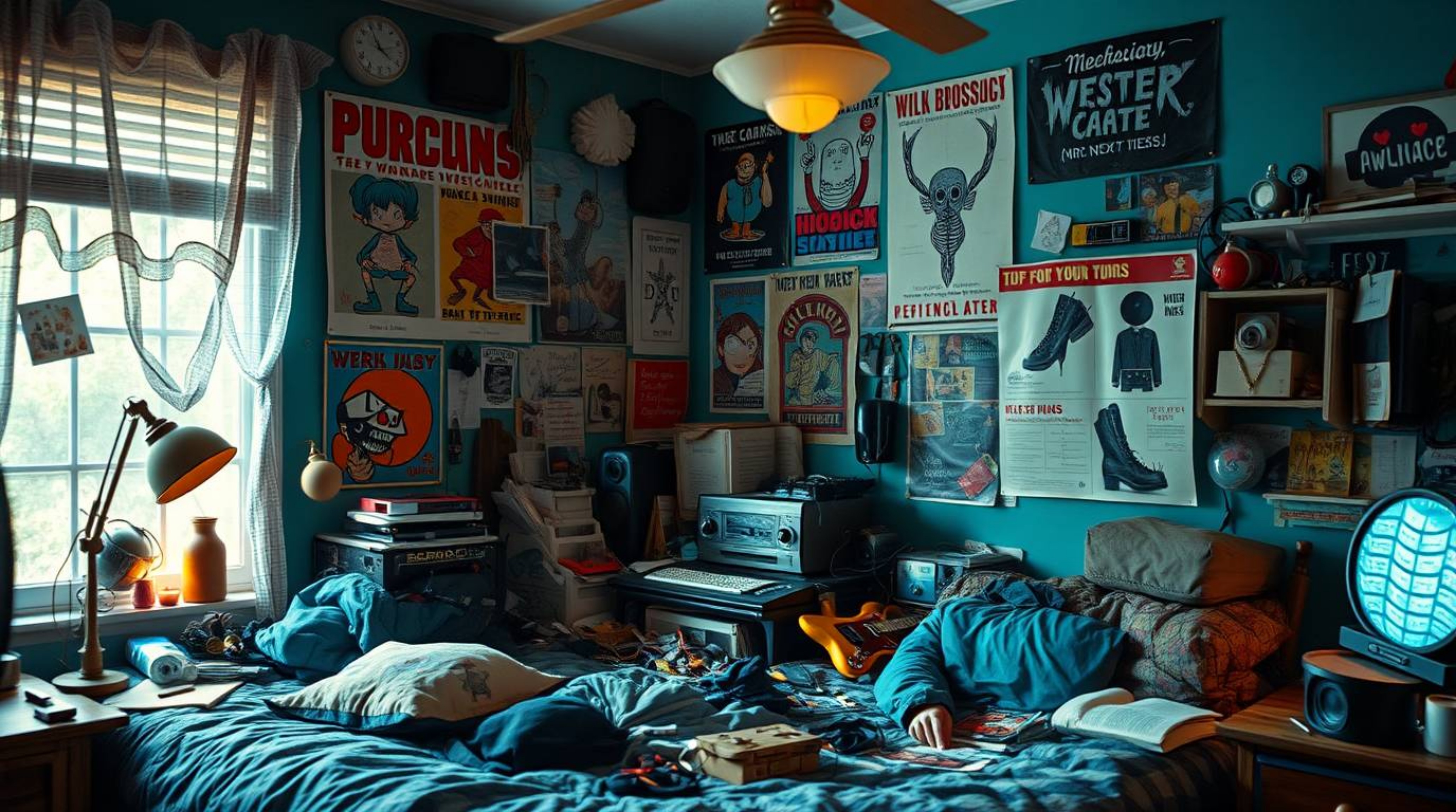 Discover a captivating image of a messy bedroom, awash in deep teal tones and a soft, luxurious background.  The scene featur