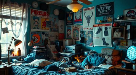 Discover a captivating image of a messy bedroom, awash in deep teal tones and a soft, luxurious background.  The scene featur
