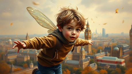 A captivating classic oil painting depicts a young boy soaring above London, sprinkled with magical pixie dust.  The artwork 