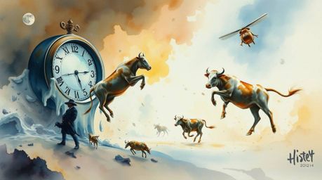A captivating surreal dreamscape watercolor painting features melting clocks and floating cows.  The artwork showcases transl